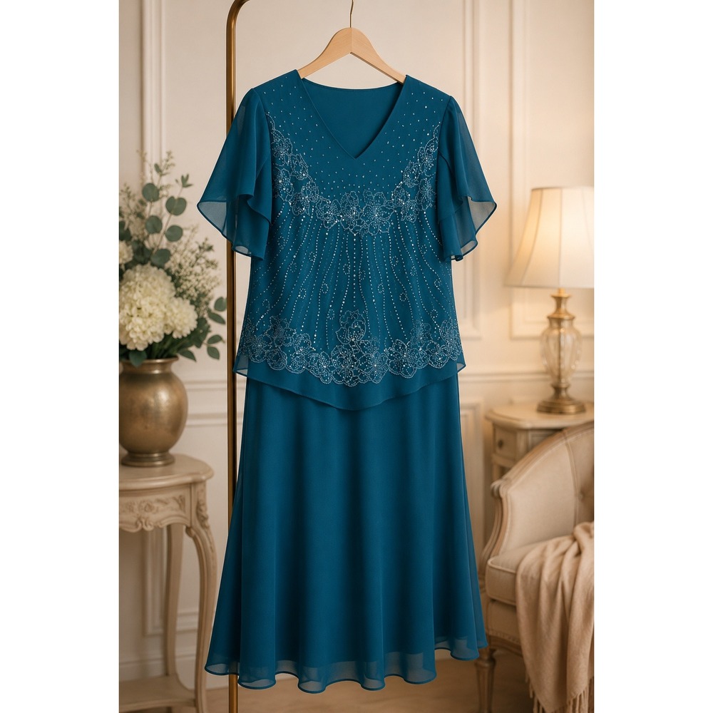 Teal Beaded Chiffon Skirt Set Mother of the Bride Formal Wedding Guest XXL